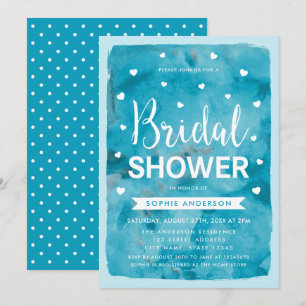 Blue Watercolor Hearts Bridal Dusche Einladung