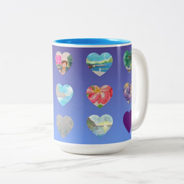 Blue Watercolor Hearts Zweifarbige Tasse (VorderseiteRechts)