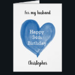 Blue Watercolor Herz 34. Geburtstag<br><div class="desc">Eine personalisierte 34. Geburtstagskarte für ihn mit einem blauen Aquarellherz auf der Vorderseite. Die Vorderseite dieser blauen Herz 34. Geburtstagskarte kann mit seinem Namen personalisiert werden, zusammen mit dem Alter, das benötigt wird. Das würde eine wunderbare Geburtstagskarte halten Sake für seine dreißig vierunddreißig.</div>