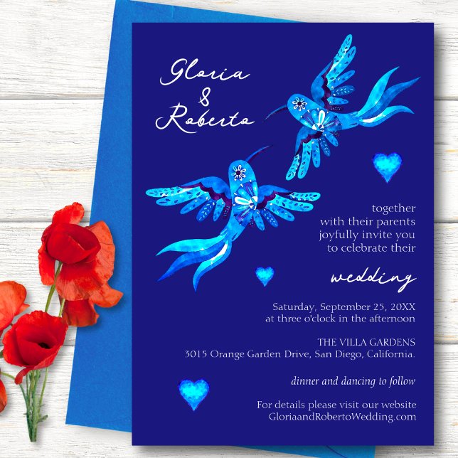 Blue Watercolor Hummingbird Mexican Wedding Einladung (Von Creator hochgeladen)