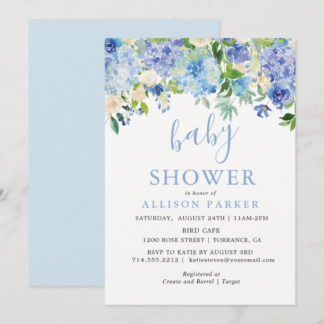 Blue Watercolor Hydrangea Brunch & Bubbly Cards Einladung (Vorne/Hinten)