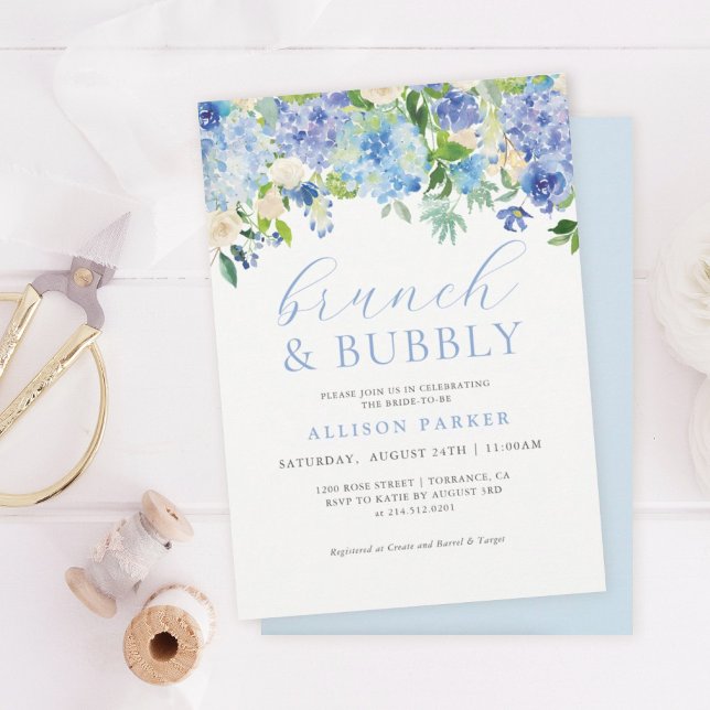 Blue Watercolor Hydrangea Brunch & Bubbly Cards Einladung (Von Creator hochgeladen)