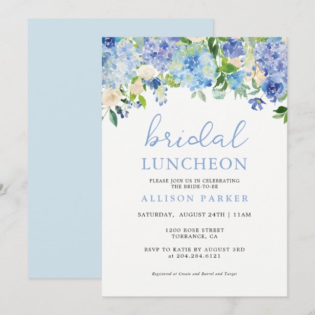 Blue Watercolor Hydrangea Floral Bridal Luncheon Einladung (Vorne/Hinten)