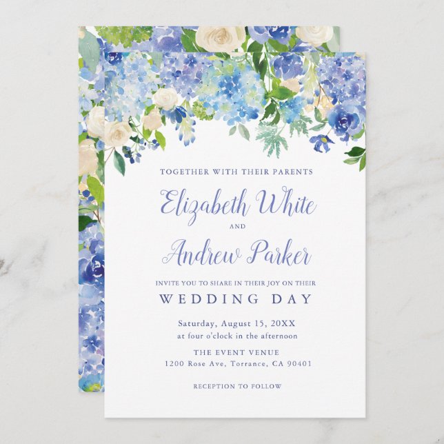 Blue Watercolor hydrangea Floral Wedding Card Einladung (Vorne/Hinten)
