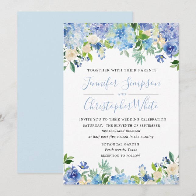 Blue Watercolor Hydrangea Hochzeitskarten Einladung (Vorne/Hinten)