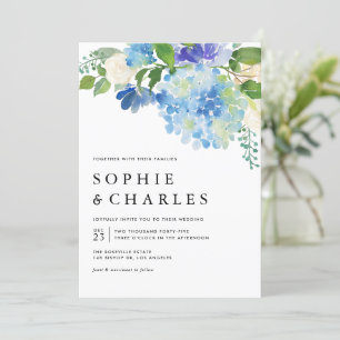 Blue Watercolor Hydrangea QR Code Hochzeit Einladung
