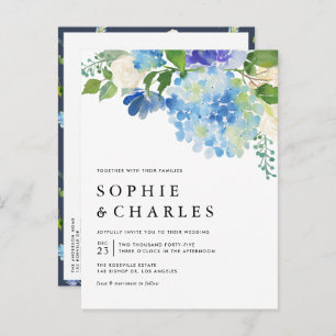 Blue Watercolor Hydrangea QR Code Hochzeit Einladungspostkarte