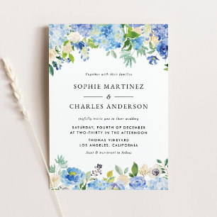 Blue Watercolor Hydrangea und Rose Winter Wedding Einladungspostkarte