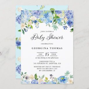 Blue Watercolor Hydrangeas and Rose Babydusche Einladung