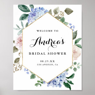 Blue Watercolor Hydrangeas Gold Foil Brautparty Poster