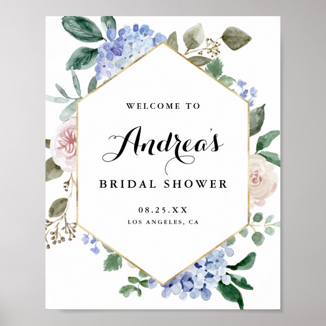 Blue Watercolor Hydrangeas Gold Foil Brautparty Poster (Vorne)