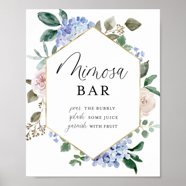 Blue Watercolor Hydrangeas Gold Frame Mimosa Bar Poster (Vorne)