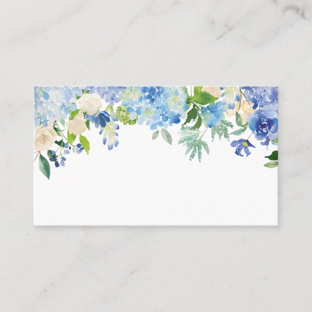 Blue Watercolor Hydrangeas & Rose Blumengarten Platzkarte (Vorderseite)