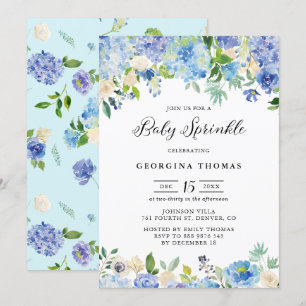 Blue Watercolor Hydrangeas und Rose Baby Sprinkle Einladung