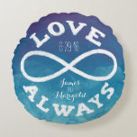 Blue Watercolor Infinity Liebe Hochzeitdatum, Name Rundes Kissen<br><div class="desc">Feiern Sie die unendliche Liebe zwischen Braut und Bräutigam mit diesem individuell anpassbaren Rundkissen! Ein weißes Unendlichkeitssymbol und "Liebe immer" umgeben die Namen und das Hochzeitdatum eines Paares auf einem Aquarellhintergrund,  der in Blau- und lila-Tönen gemalt ist. Es ist ein wunderschönes,  modernes,  personalisiertes Geschenk.</div>