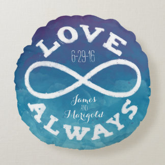 Blue Watercolor Infinity Liebe Hochzeitdatum, Name Rundes Kissen