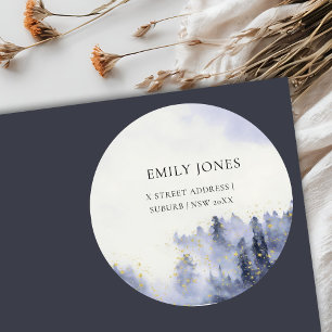 BLUE WATERCOLOR LANDSCAPE TREE FOLIAGE ADRESSE RUNDER AUFKLEBER