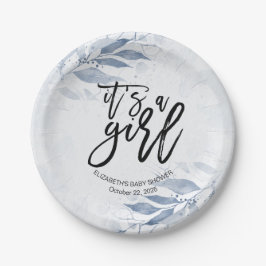 Blue Watercolor Leaf Botanical Floral Baby Dusche Pappteller