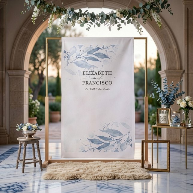 Blue Watercolor Leaf Wedding Foto Booth Hintergrun Stoff (Von Creator hochgeladen)