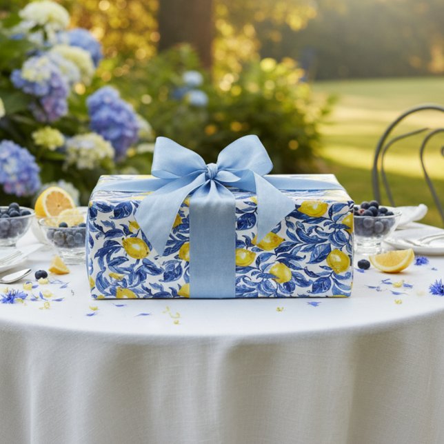 Blue Watercolor Lemon Pattern  Geschenkpapier (Von Creator hochgeladen)