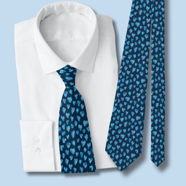 Blue Watercolor Liebe Herzmuster Krawatte (Blue  watercolor love heart navy blue tie )