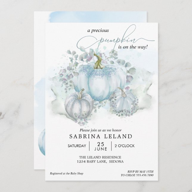 Blue Watercolor Little Pumpkin Boy Baby Dusche Einladung (Vorne/Hinten)