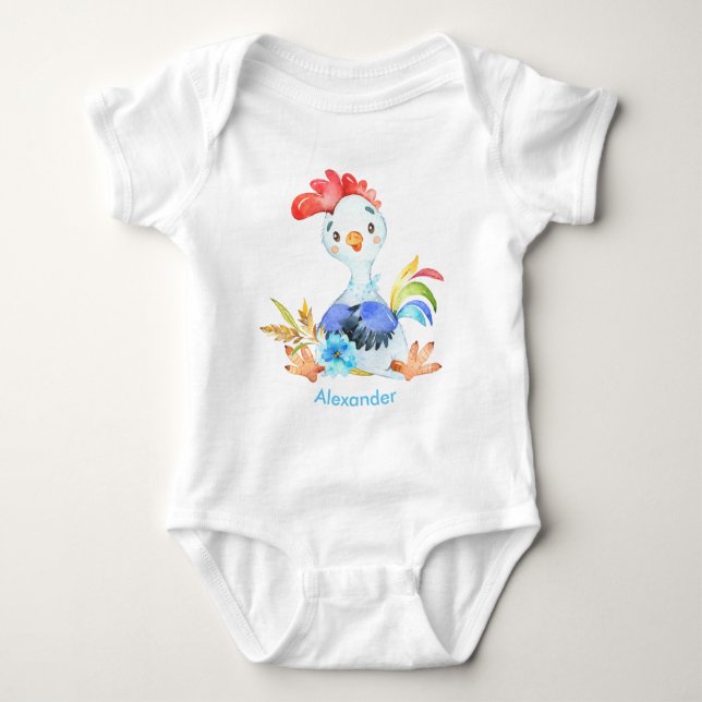 Blue Watercolor Little Rooster Baby Strampler (Vorderseite)