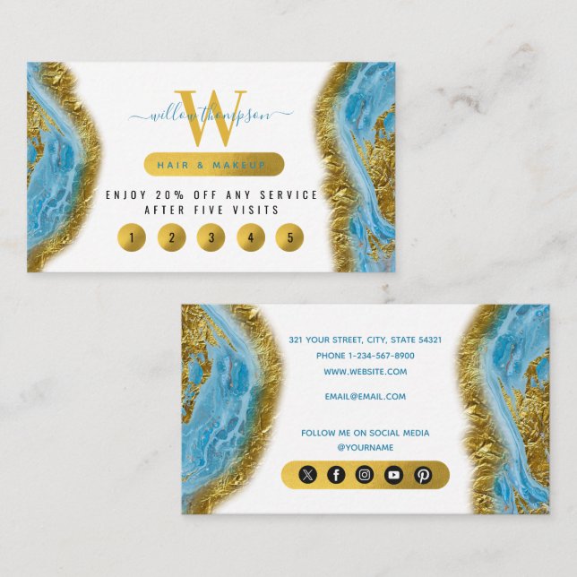 Blue Watercolor Marble & Gold Foil Loyalty Card Visitenkarte (Vorne/Hinten)