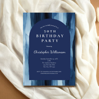 Blue Watercolor Men's Modern Arch 50. Geburtstag Einladung