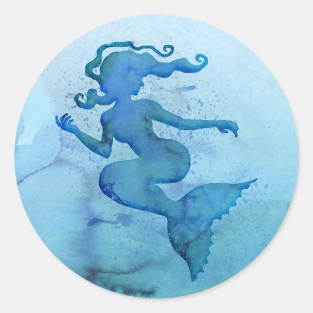 Blue Watercolor Mermaid Runder Aufkleber (Vorderseite)