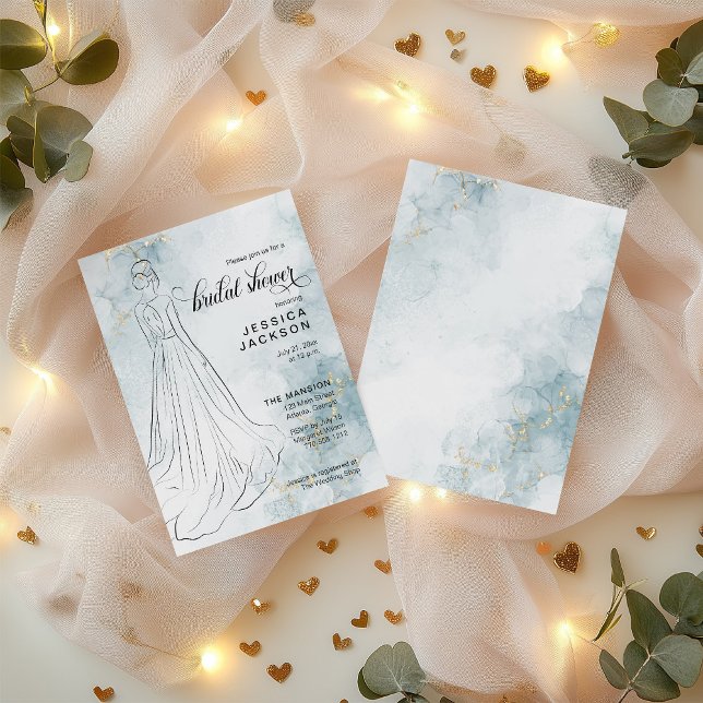 Blue Watercolor mit Gold Glitzer Brautparty Einladung (Von Creator hochgeladen)