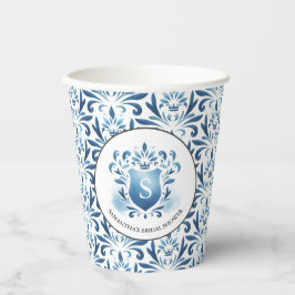 Blue Watercolor Mit Monogramm Wappen Brautparty Pappbecher