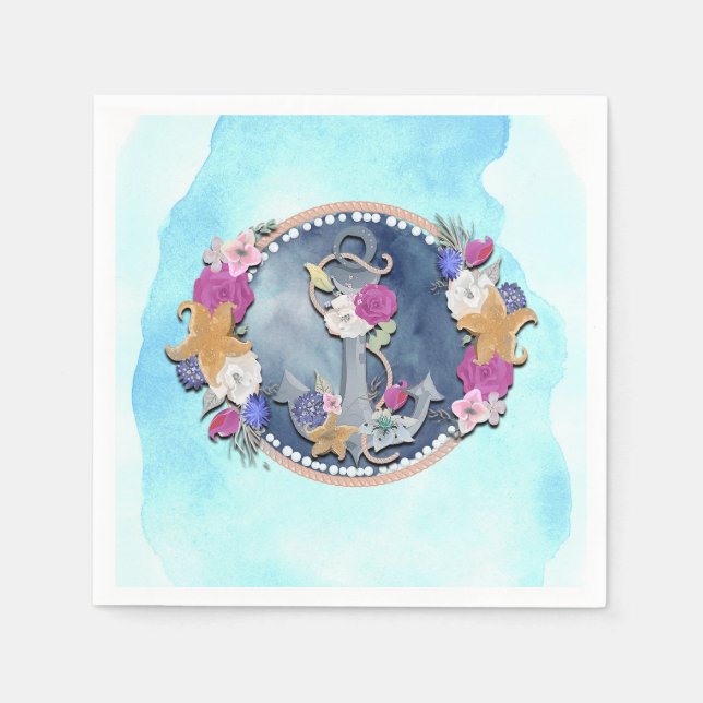 Blue Watercolor Moderner Nautic Floral Anker Serviette (Vorderseite)