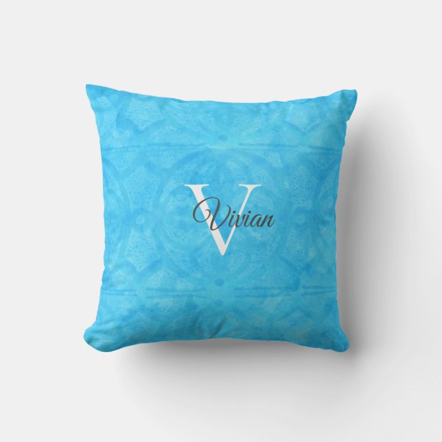 Blue Watercolor Monogram Name Theme Pillow Kissen (Vorderseite)