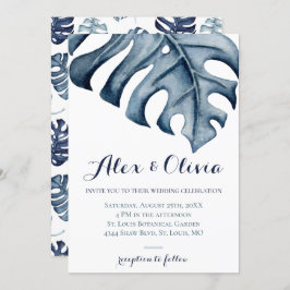 Blue Watercolor Monstera Blätter Hochzeit Einladung