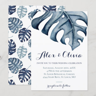 Blue Watercolor Monstera Blätter Hochzeit Einladung