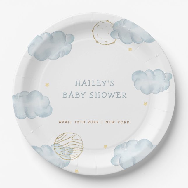Blue Watercolor Moon Star Cloud Boy Baby Dusche Pappteller (Vorderseite)