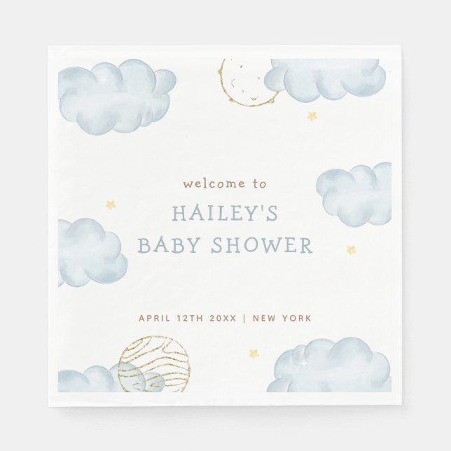 Blue Watercolor Moon Star Cloud Boy Baby Dusche Serviette (Vorderseite)