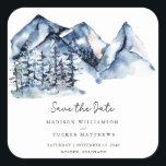 Blue Watercolor Mountain Rustic Boho Save the Date Quadratischer Aufkleber<br><div class="desc">Blue Watercolor Mountain Rustic Boho Save the Date Square Sticker mit einer herrlichen Gebirgslandschaft mit hohen immergrünen Pinienbäumen,  handgeschriebener Schrift und moderner Typografie für ein sauberes,  minimalistisches Gefühl.</div>
