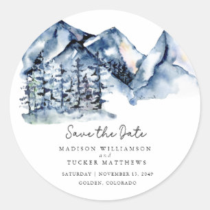 Blue Watercolor Mountain Rustic Boho Save the Date Runder Aufkleber