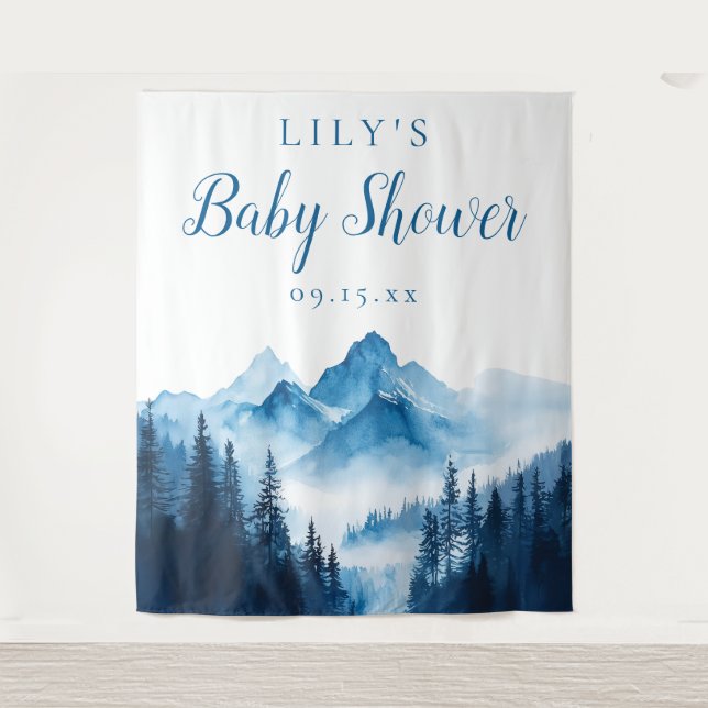 Blue Watercolor Mountains Baby Dusche Hintergrund Wandteppich (Vorderseite)