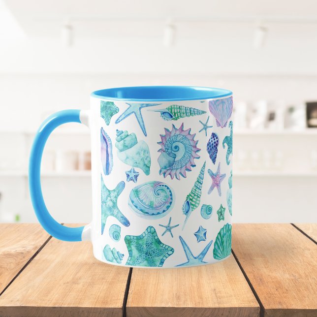 Blue Watercolor-Muscheln an der Küste und Starfish Tasse (Coastal Blue Watercolor Sea Shells and Starfish Mug)