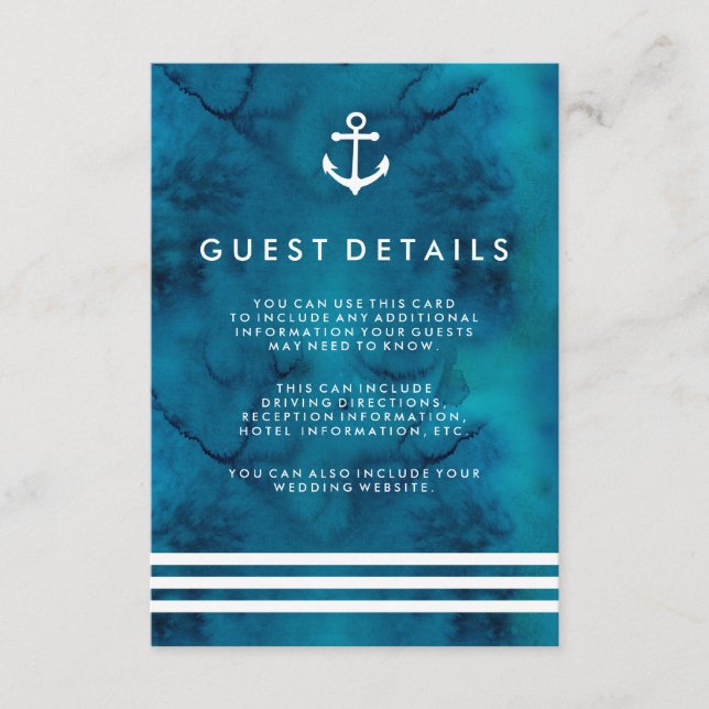 Blue Watercolor Nautical Wedding Guest Information Begleitkarte (Vorderseite)
