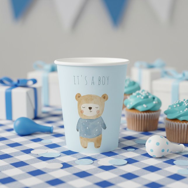 Blue Watercolor niedlich Bär, ein Junge Pappbecher (Blue Watercolor cute bear it's a boy Paper Cups.)