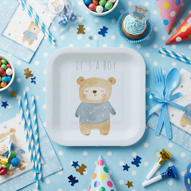 Blue Watercolor niedlich Bär, ein Junge Pappteller (Blue Watercolor cute bear it's a boy Paper Plates.)