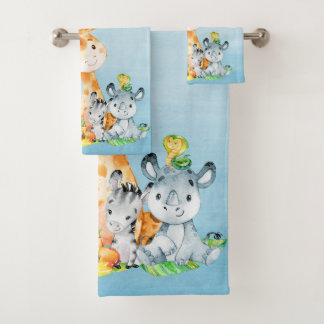 Blue Watercolor Niedlich Safari Dschungeltiere Badhandtuch Set