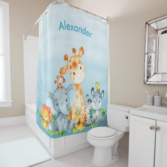 Blue Watercolor Niedlich Safari Dschungeltiere Duschvorhang (Beispiel)