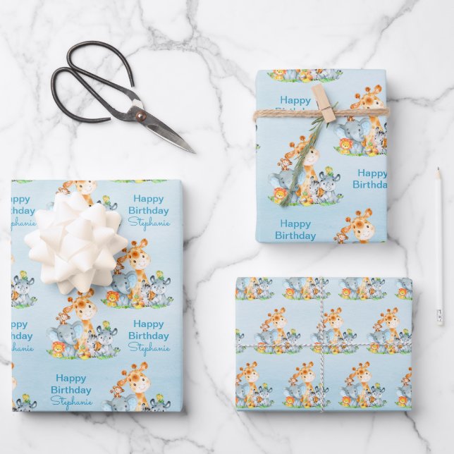 Blue Watercolor Niedlich Safari Dschungeltiere Geschenkpapier Set (Vorderseite)