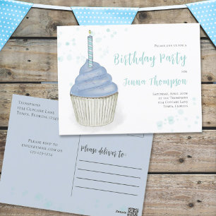 Blue Watercolor Niedlich Whimsical Cupcake Geburts Postkarte