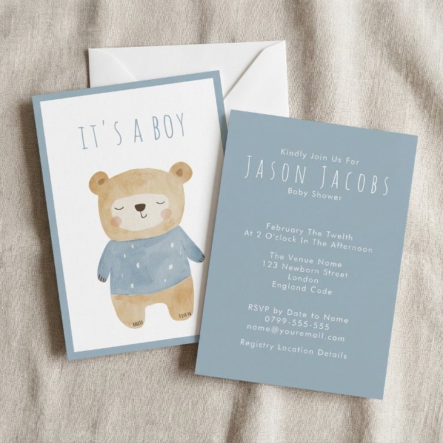 Blue Watercolor niedliche Schlafhose mit Baby Dusc Einladung (Blue Watercolor cute sleepy teddy bear Baby Shower Invitation.)
